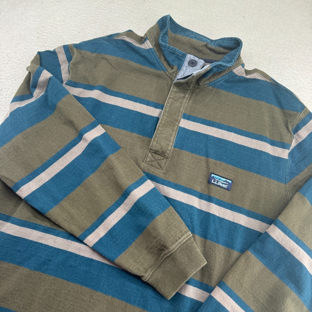 LL Bean Rugby Shirt Mens 2XL Reg Green Blue Striped Long Sleeve Heavyweight Polo